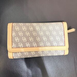 Vintage Dooney & Bourke Tan Beige Monogram Canvas Leather Checkbook Wallet